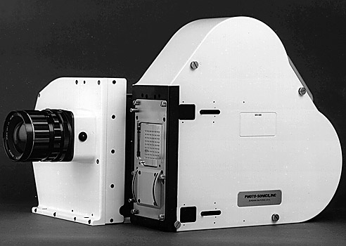 The Photo-Sonics, Inc. 70mm 10ML high-speed film camera, showing the magazine separated.