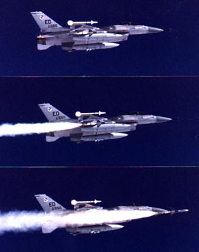 Film sample from 70mm 14S camera.  First firing of an AIM-7 from an F-16 at 39,500 feet on October 18, 1988.  (Photo by Edwards AFB)