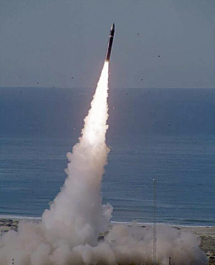 MX missile fired from Vandenberg AFB destined for Kwajalein (alternate view).