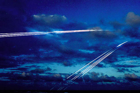 Photo of re-entry vehicles entering the atmosphere near Kwajalein.